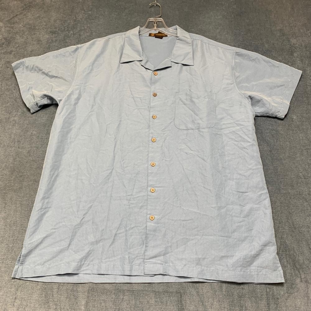 Harriton Shirt Mens 2XL Gray Check Rayon Button Up Pleated Travel Camp Collar